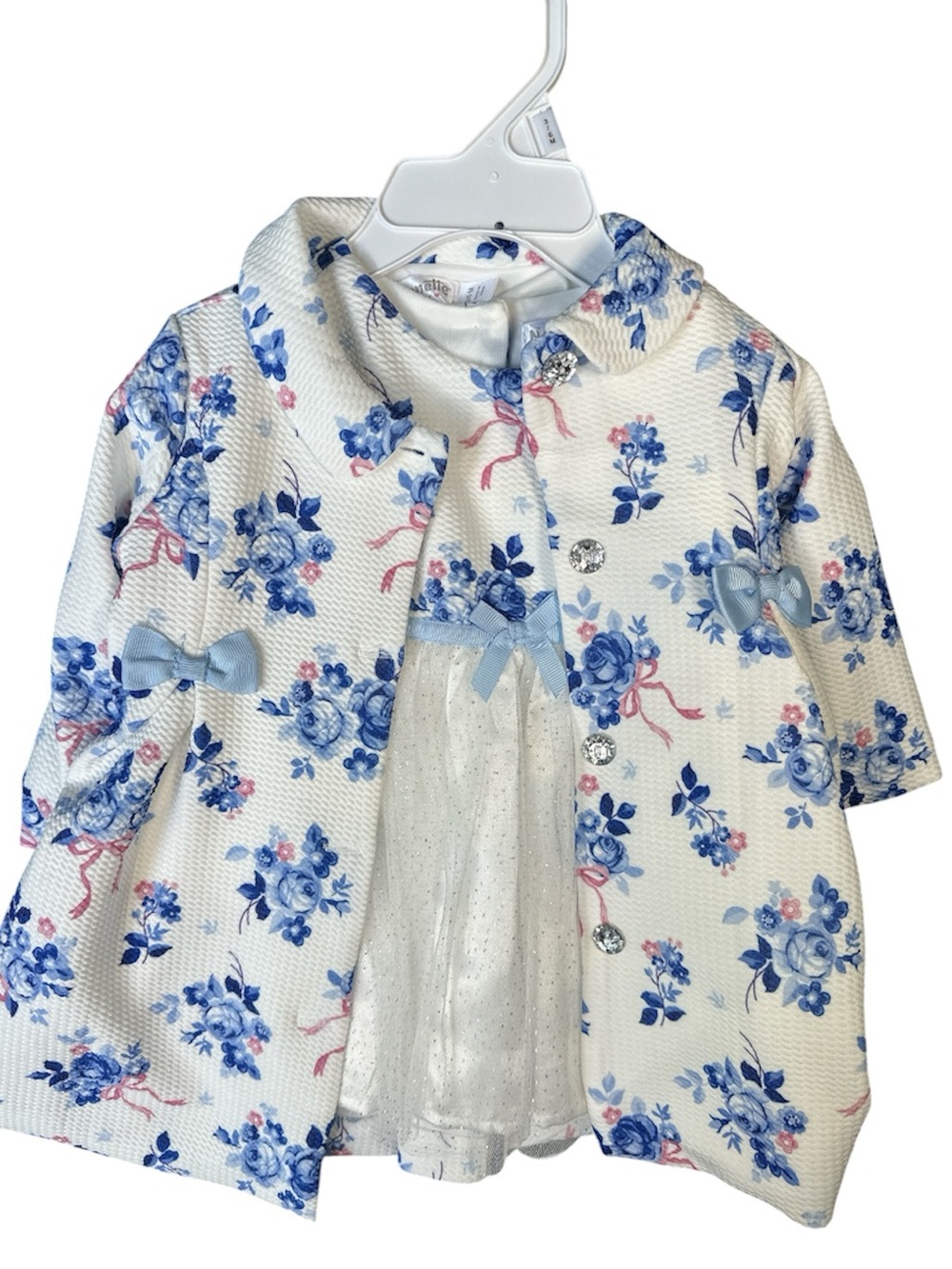 NWT Nannette Blue and White Floral Baby Jacket and Dress with Bow